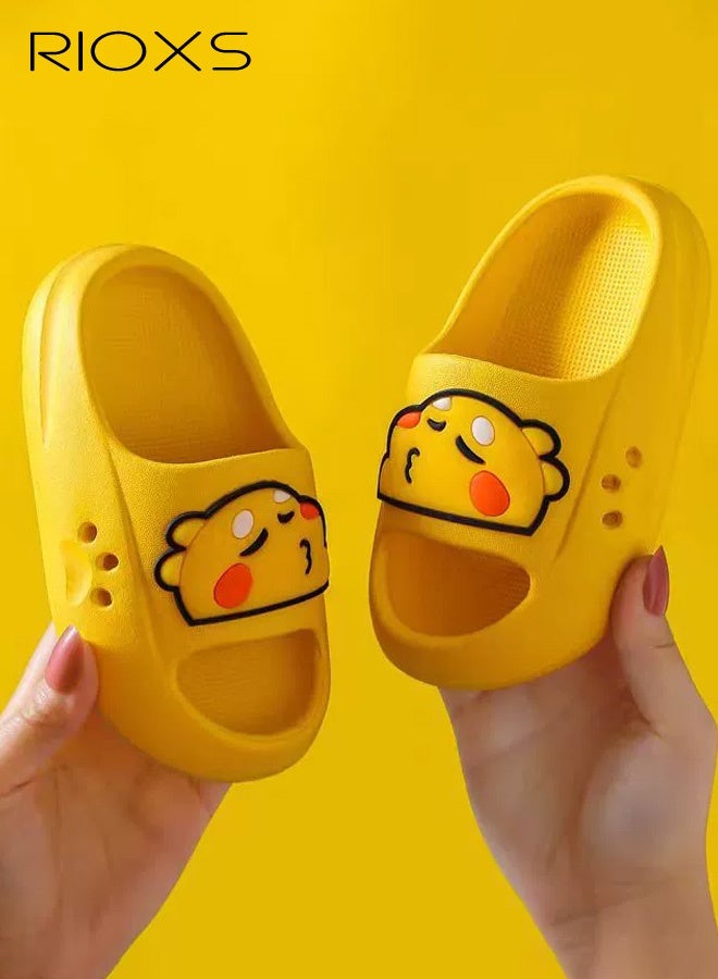 RIOXS Kids Cartoon Slippers, Lightweight EVA Platform Animal Dinosaur Slides Sandals for Toddler Boys and Girls, Non-slip Quick-Dry Slip-on Shower Slippers, Comfortable Thick Sole Open Toe Pillow Slippers, Summer Beach Pool Shoes, Suitable for Travel, Holidays, Beaches, Swimming Pools, etc. Yellow - Image 1